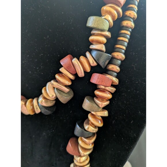 ZARA Layered Necklaces Pack Of 2 Beaded Wooden Blue Brown Gold Maximalist Retro - Picture 3 of 12